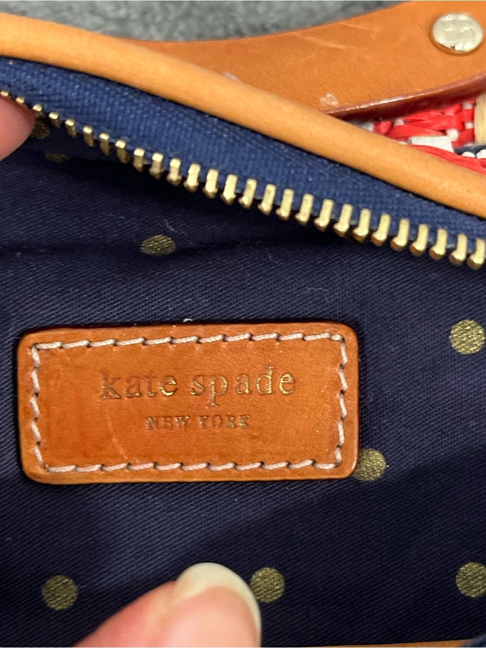 Kate Spade Red, White & Navy Woven Tote Clutch with Brown Leather Handles - Picture 5 of 10